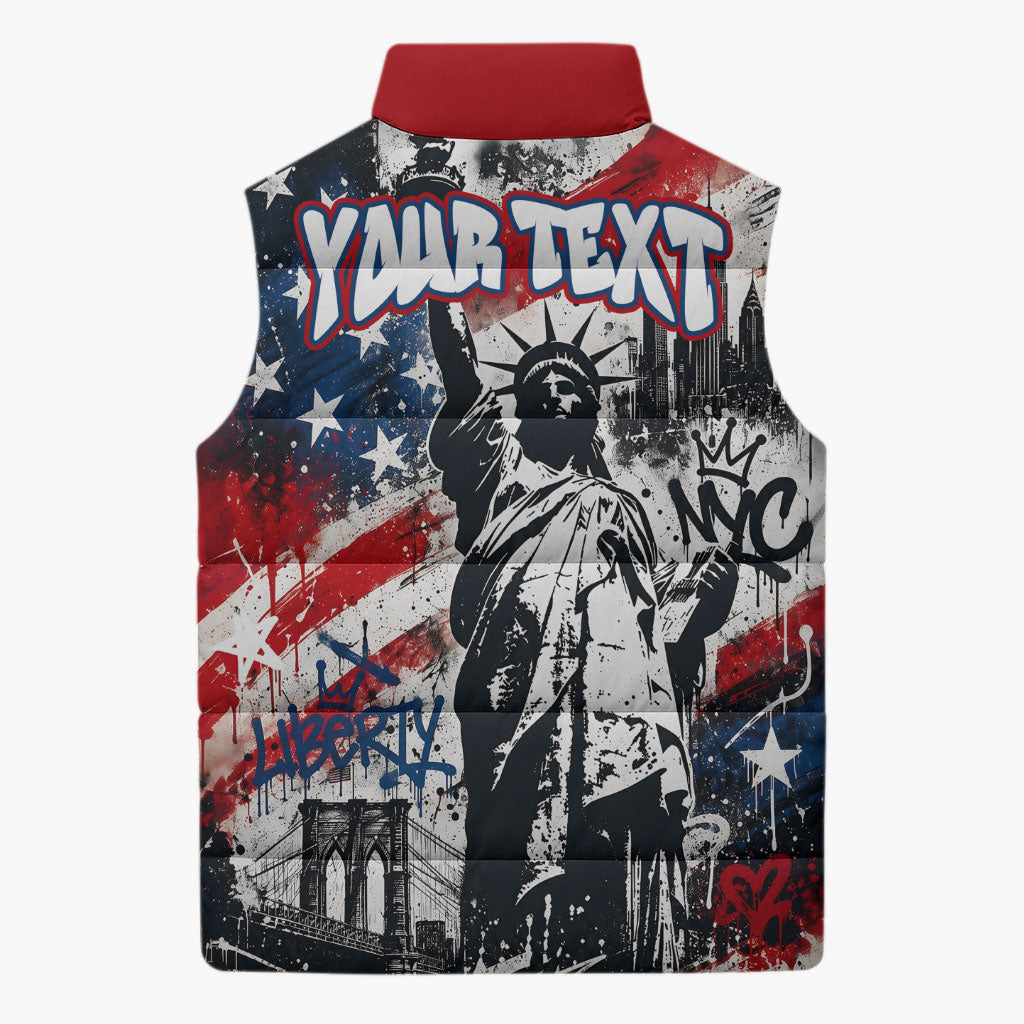 Personalized New York Statue Of Liberty Sleeveless Puffer Jacket Grunge Street Art NYC Skyline American Pride