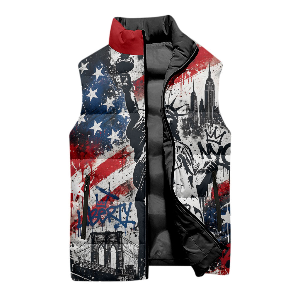 Personalized New York Statue Of Liberty Sleeveless Puffer Jacket Grunge Street Art NYC Skyline American Pride