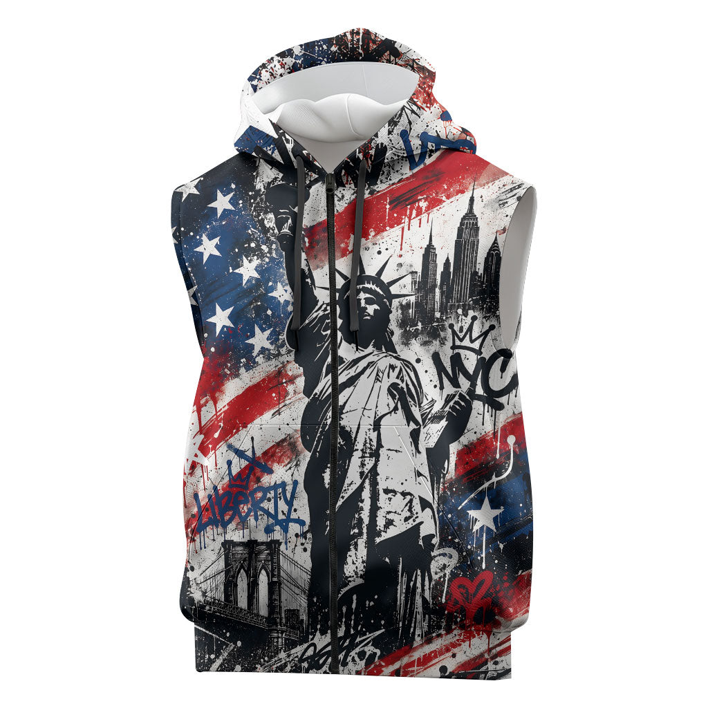 Personalized New York Statue Of Liberty Sleeveless Zip Hoodie Grunge Street Art NYC Skyline American Pride