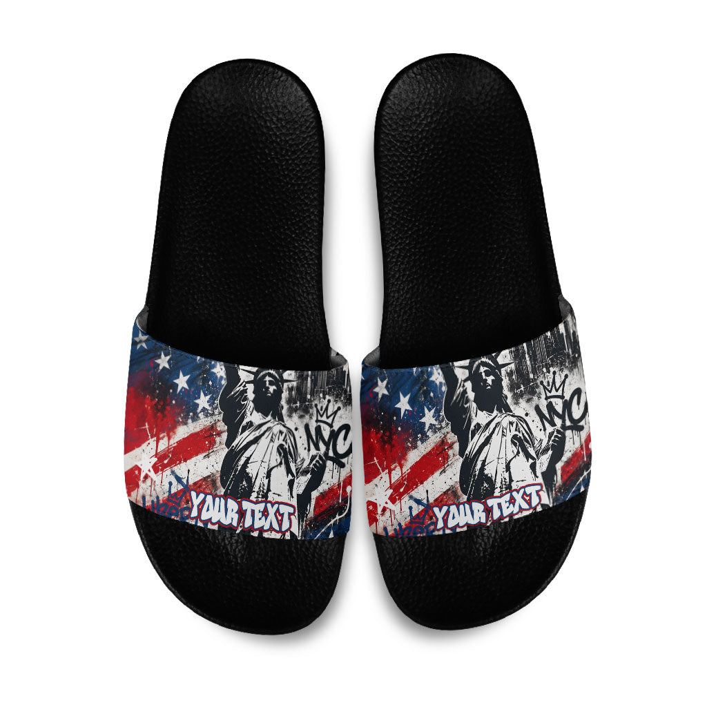 Personalized New York Statue Of Liberty Slide Sandals Grunge Street Art NYC Skyline American Pride