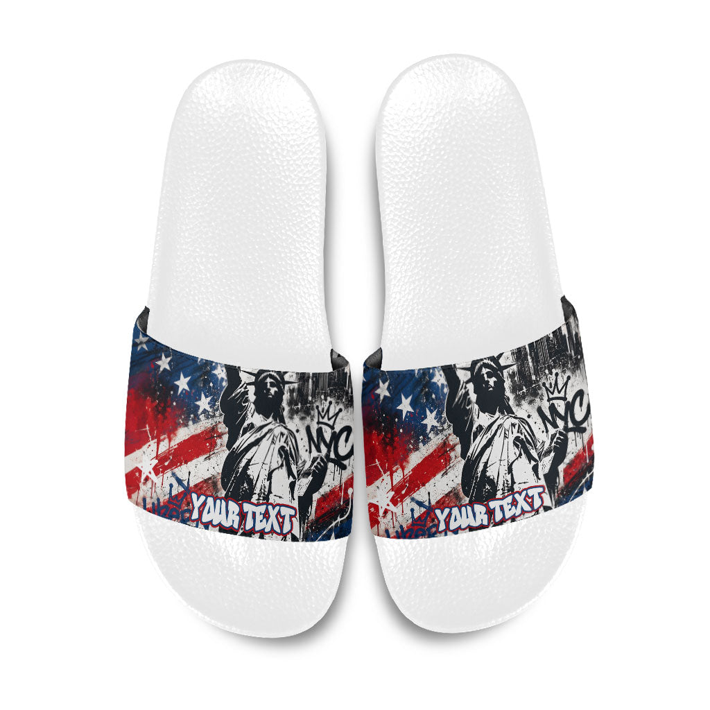 Personalized New York Statue Of Liberty Slide Sandals Grunge Street Art NYC Skyline American Pride