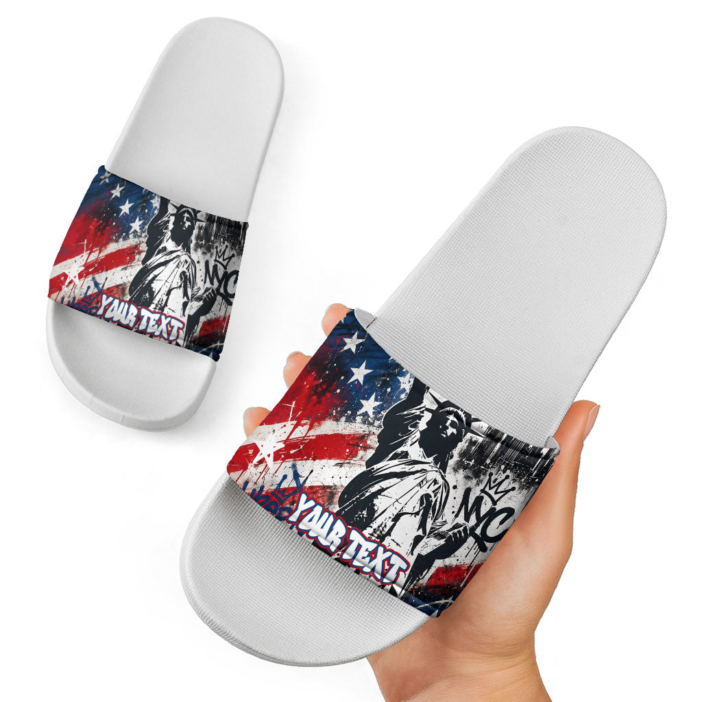Personalized New York Statue Of Liberty Slide Sandals Grunge Street Art NYC Skyline American Pride