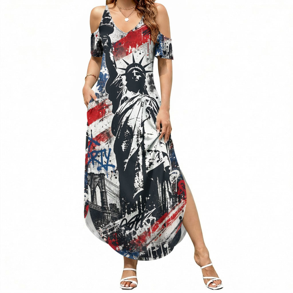 Personalized New York Statue Of Liberty Summer Maxi Dress Grunge Street Art NYC Skyline American Pride
