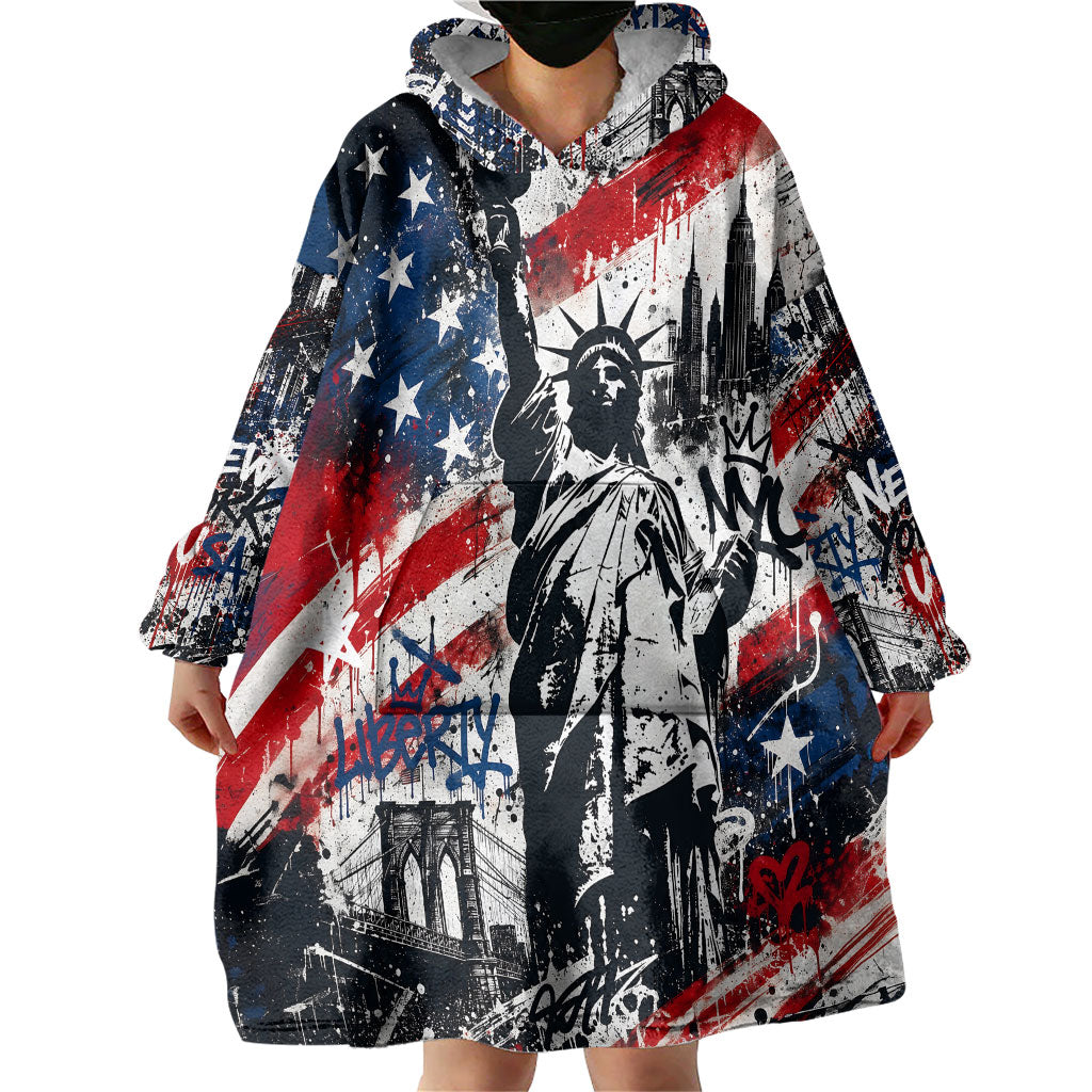 Personalized New York Statue Of Liberty Wearable Blanket Hoodie Grunge Street Art NYC Skyline American Pride