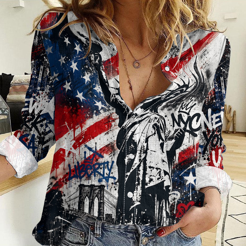 Personalized New York Statue Of Liberty Women Casual Shirt Grunge Street Art NYC Skyline American Pride