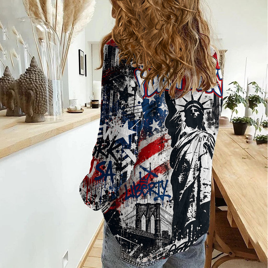 Personalized New York Statue Of Liberty Women Casual Shirt Grunge Street Art NYC Skyline American Pride