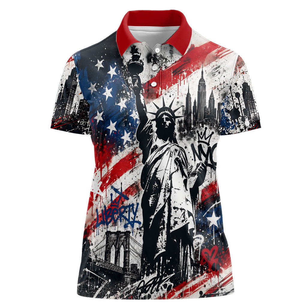 Personalized New York Statue Of Liberty Women Polo Shirt Grunge Street Art NYC Skyline American Pride