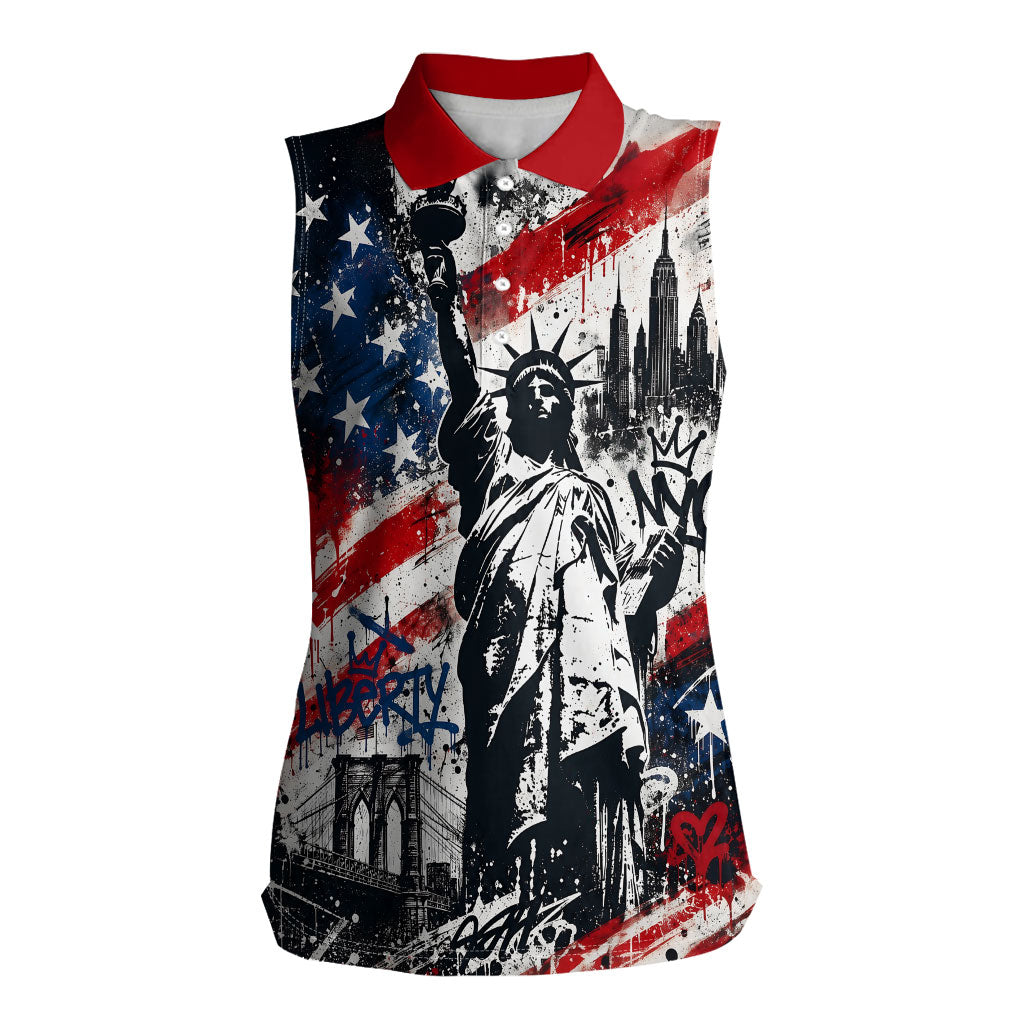 Personalized New York Statue Of Liberty Women Sleeveless Polo Shirt Grunge Street Art NYC Skyline American Pride