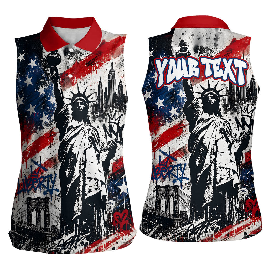 Personalized New York Statue Of Liberty Women Sleeveless Polo Shirt Grunge Street Art NYC Skyline American Pride