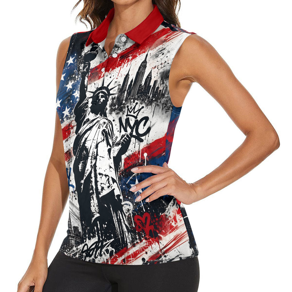 Personalized New York Statue Of Liberty Women Sleeveless Polo Shirt Grunge Street Art NYC Skyline American Pride