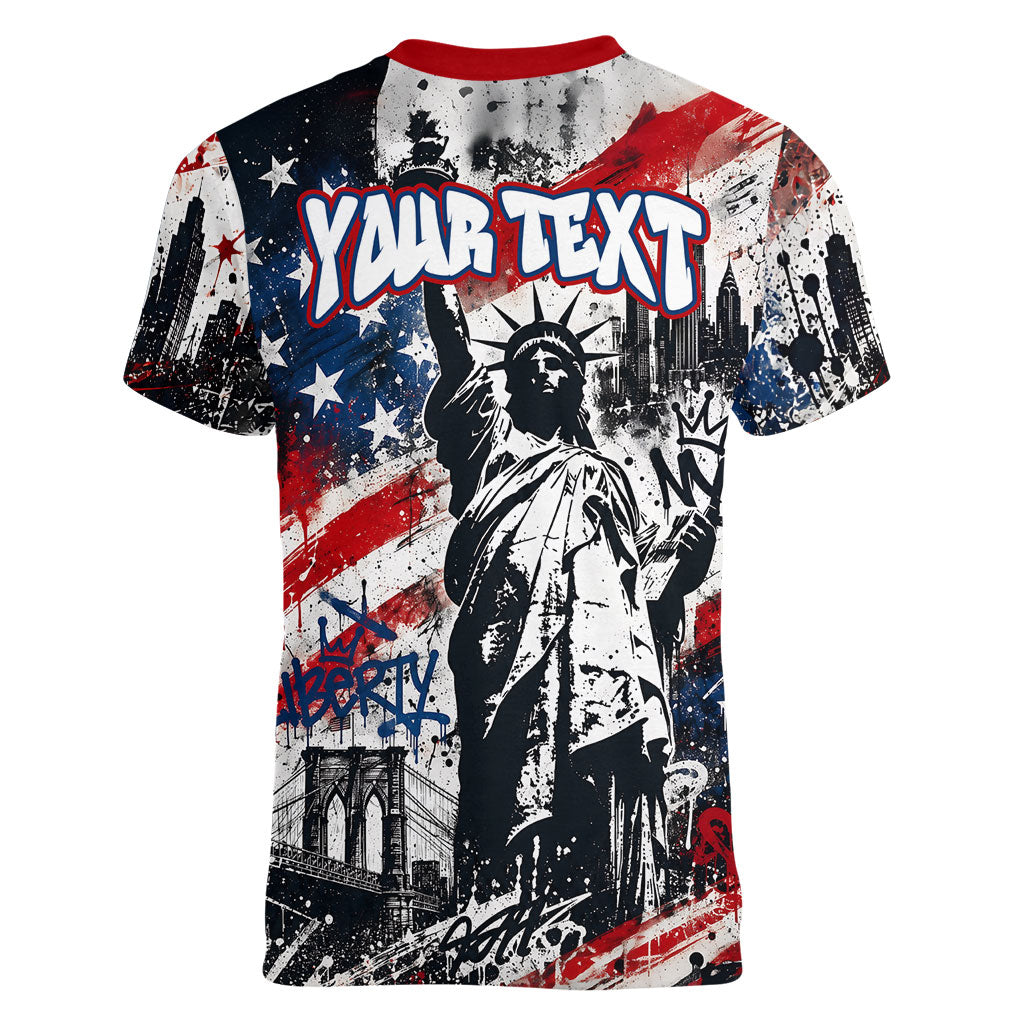 Personalized New York Statue Of Liberty Women V-Neck T-Shirt Grunge Street Art NYC Skyline American Pride