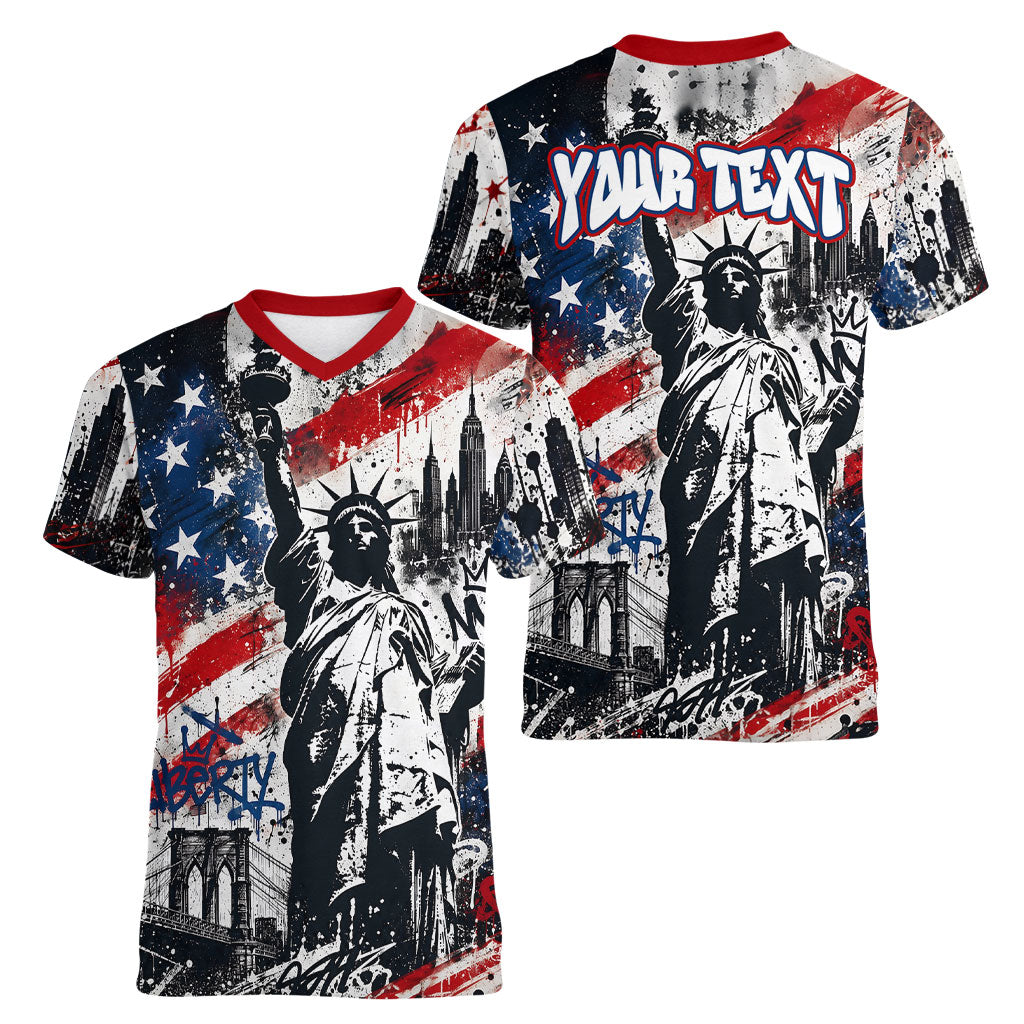 Personalized New York Statue Of Liberty Women V-Neck T-Shirt Grunge Street Art NYC Skyline American Pride