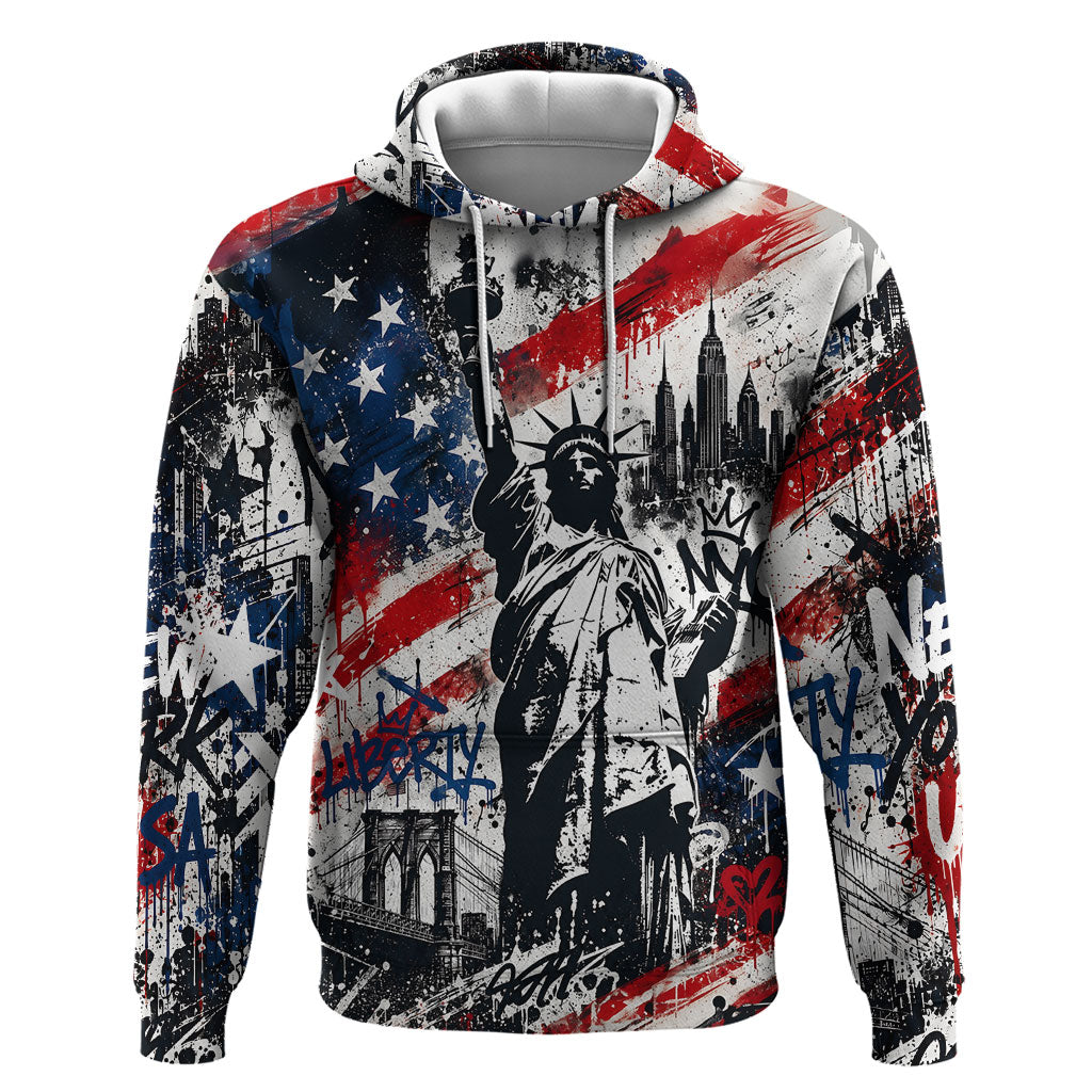 Personalized New York Statue Of Liberty Zip Hoodie Grunge Street Art NYC Skyline American Pride