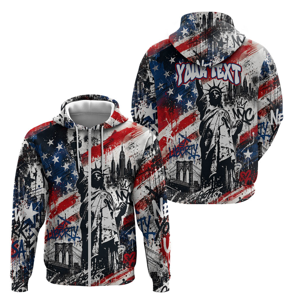 Personalized New York Statue Of Liberty Zip Hoodie Grunge Street Art NYC Skyline American Pride