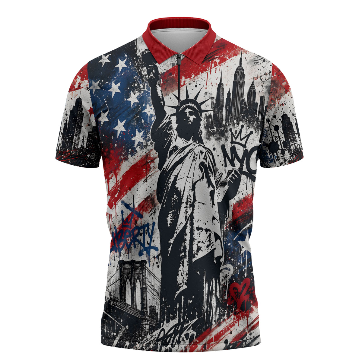 Personalized New York Statue Of Liberty Zipper Polo Shirt Grunge Street Art NYC Skyline American Pride