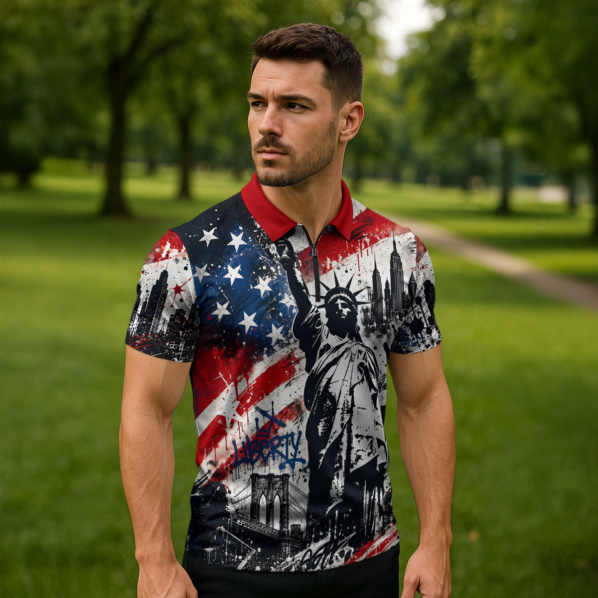Personalized New York Statue Of Liberty Zipper Polo Shirt Grunge Street Art NYC Skyline American Pride