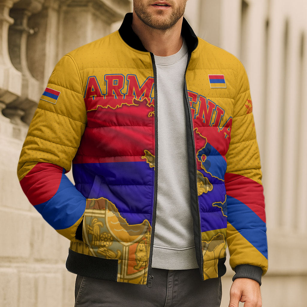 Personalized Armenia Coat Of Arms Bomber Puffer Jacket Armenian Flag Map And Patriotic Eagle Lion