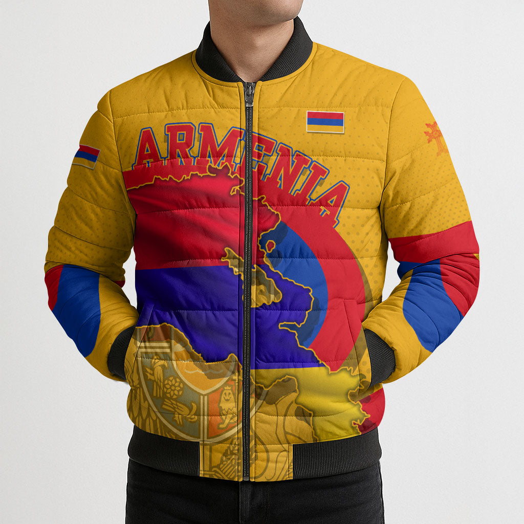 Personalized Armenia Coat Of Arms Bomber Puffer Jacket Armenian Flag Map And Patriotic Eagle Lion
