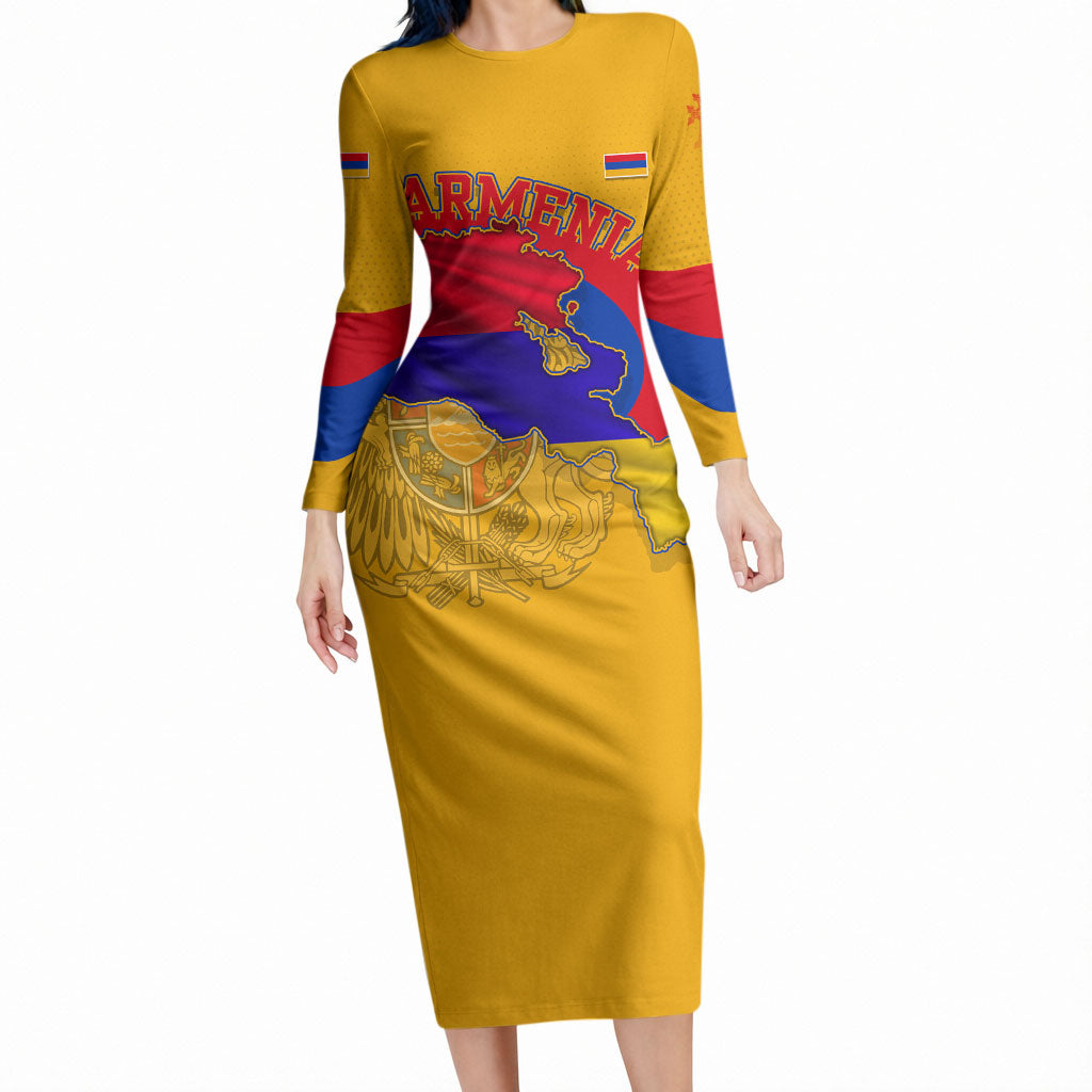Personalized Armenia Coat Of Arms Long Sleeve Bodycon Dress Armenian Flag Map And Patriotic Eagle Lion