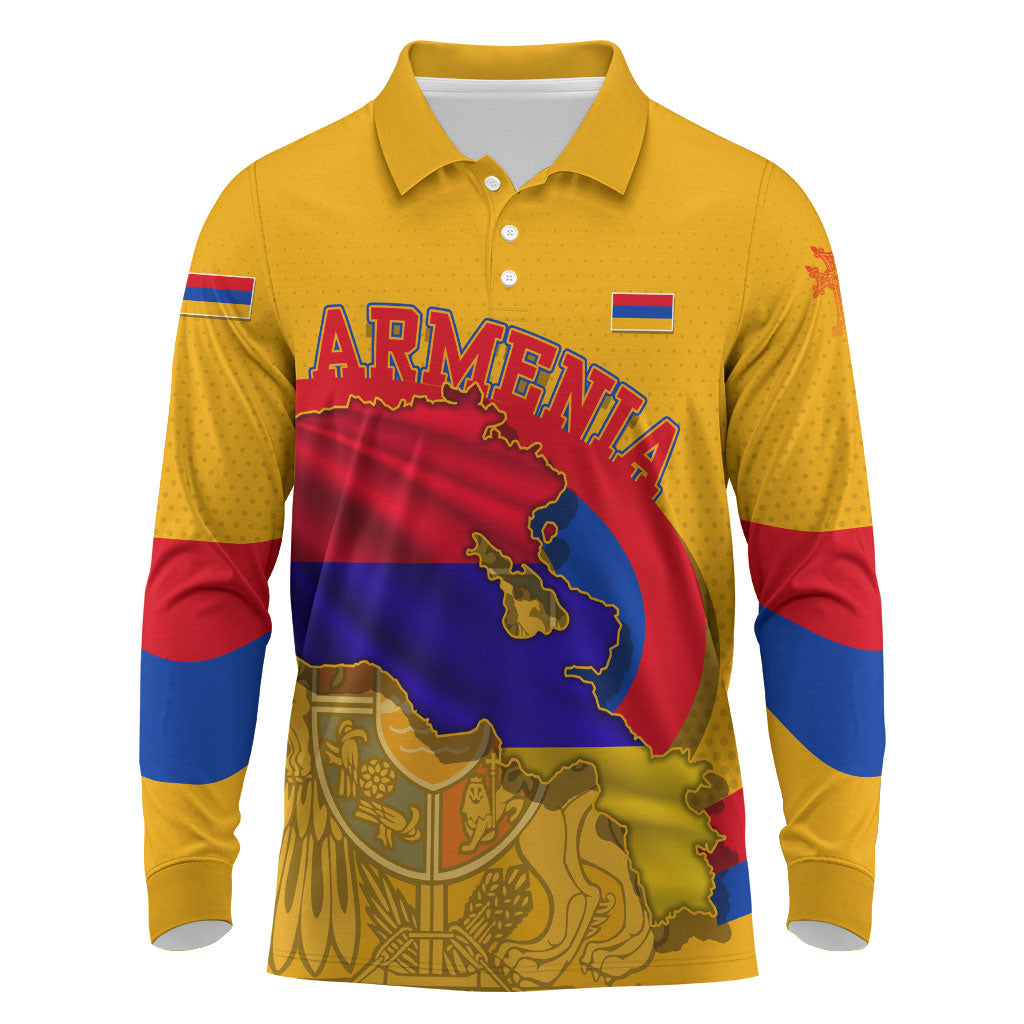 Personalized Armenia Coat Of Arms Long Sleeve Polo Shirt Armenian Flag Map And Patriotic Eagle Lion