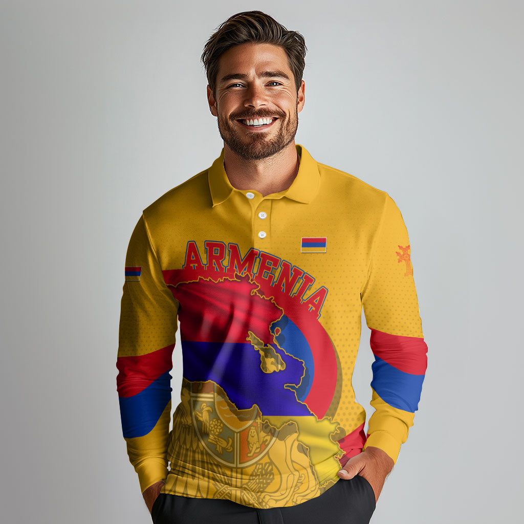 Personalized Armenia Coat Of Arms Long Sleeve Polo Shirt Armenian Flag Map And Patriotic Eagle Lion