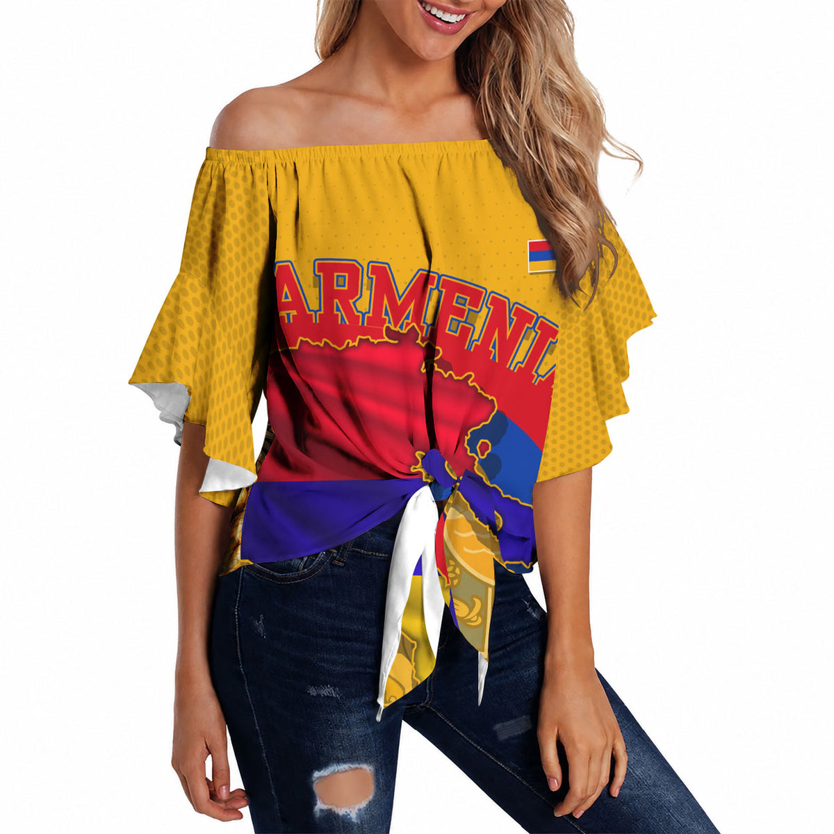 Personalized Armenia Coat Of Arms Off Shoulder Wrap Waist Top Armenian Flag Map And Patriotic Eagle Lion