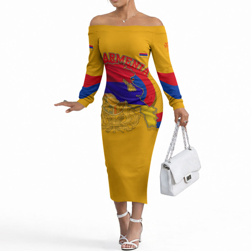 Personalized Armenia Coat Of Arms Off The Shoulder Long Sleeve Dress Armenian Flag Map And Patriotic Eagle Lion