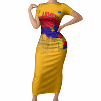 Personalized Armenia Coat Of Arms Short Sleeve Bodycon Dress Armenian Flag Map And Patriotic Eagle Lion