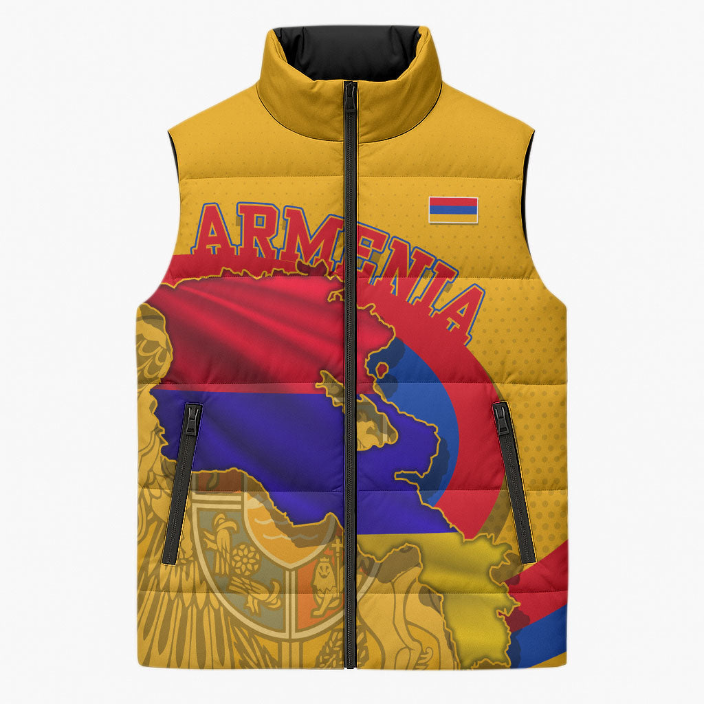 Personalized Armenia Coat Of Arms Sleeveless Puffer Jacket Armenian Flag Map And Patriotic Eagle Lion