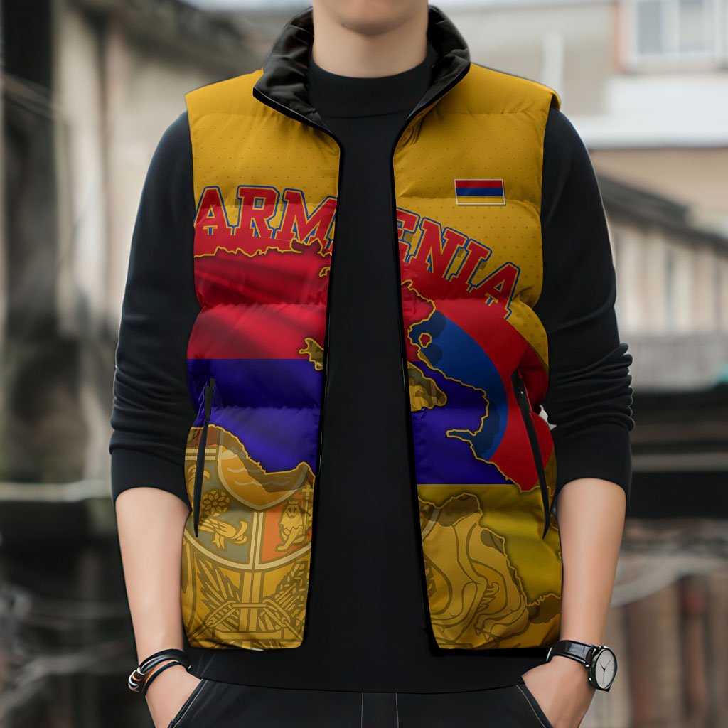 Personalized Armenia Coat Of Arms Sleeveless Puffer Jacket Armenian Flag Map And Patriotic Eagle Lion