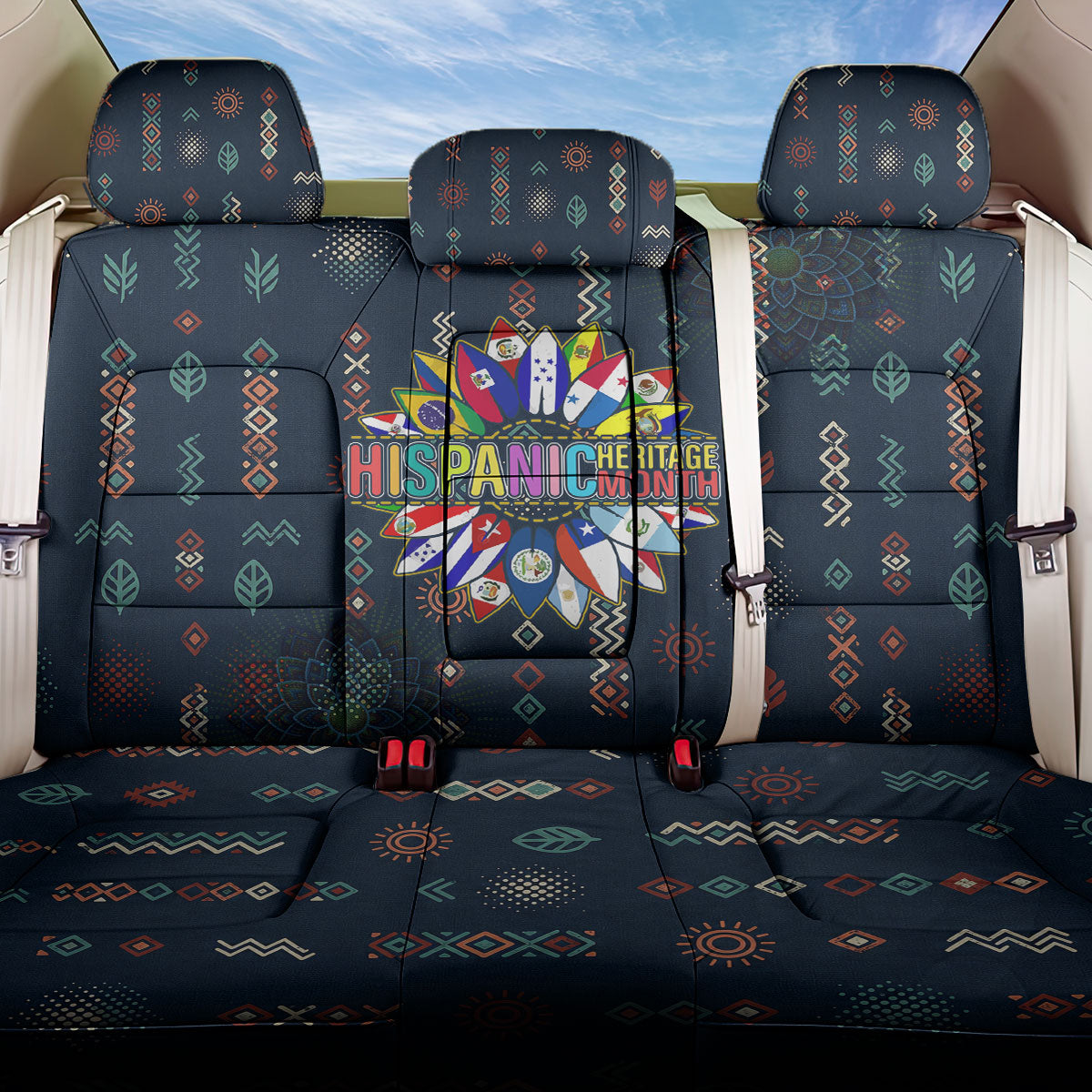 Hispanic Heritage Month Back Car Seat Cover Colorful Aztec Mandala - Latin American Flags Culture History