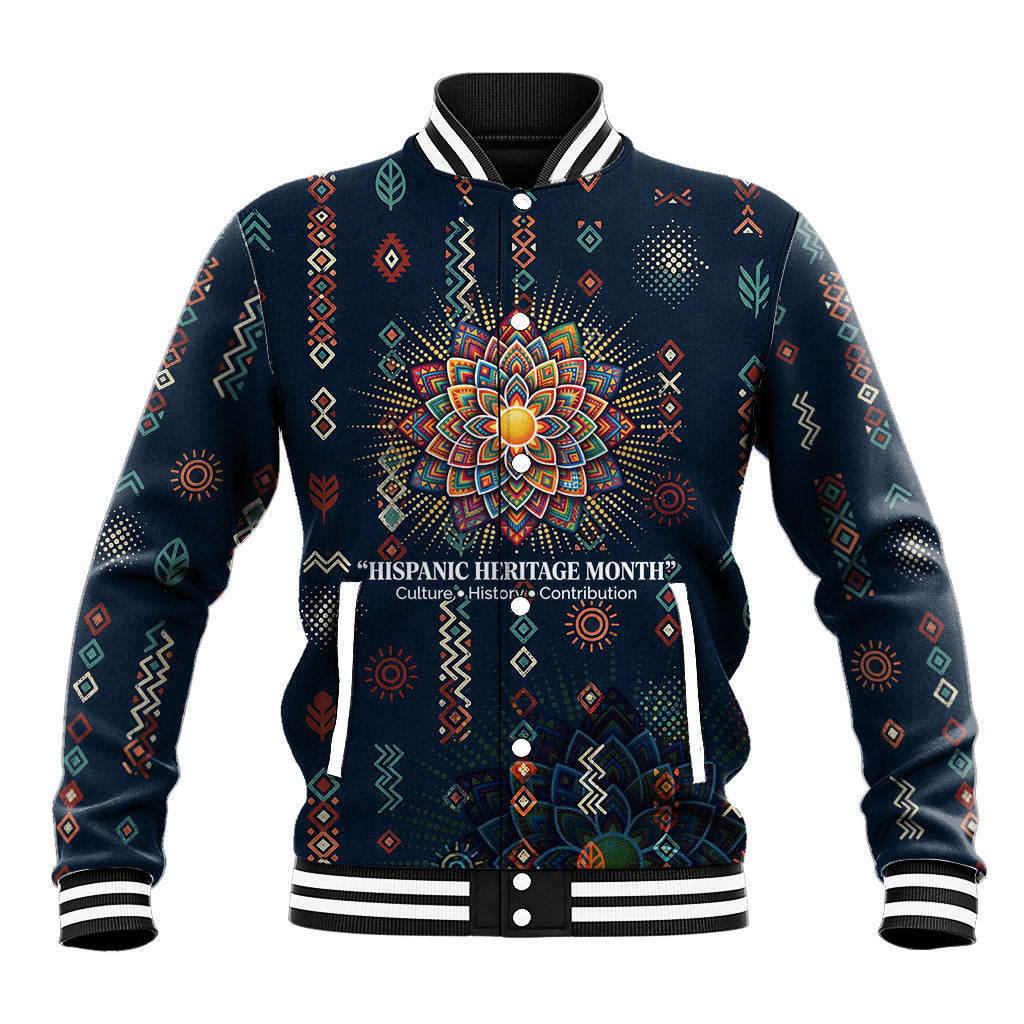 Hispanic Heritage Month Baseball Jacket Colorful Aztec Mandala - Latin American Flags Culture History