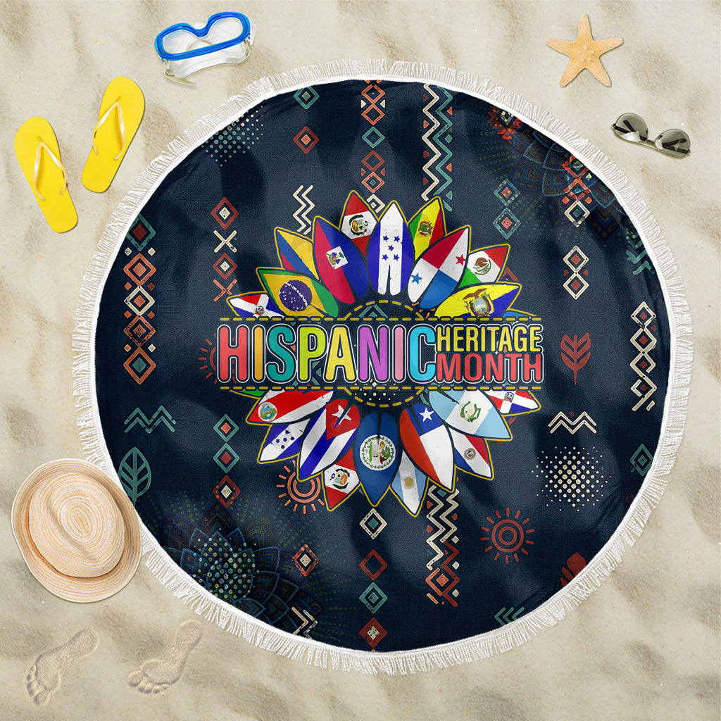 Hispanic Heritage Month Beach Blanket Colorful Aztec Mandala - Latin American Flags Culture History