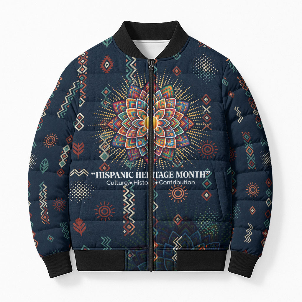 Hispanic Heritage Month Bomber Puffer Jacket Colorful Aztec Mandala - Latin American Flags Culture History