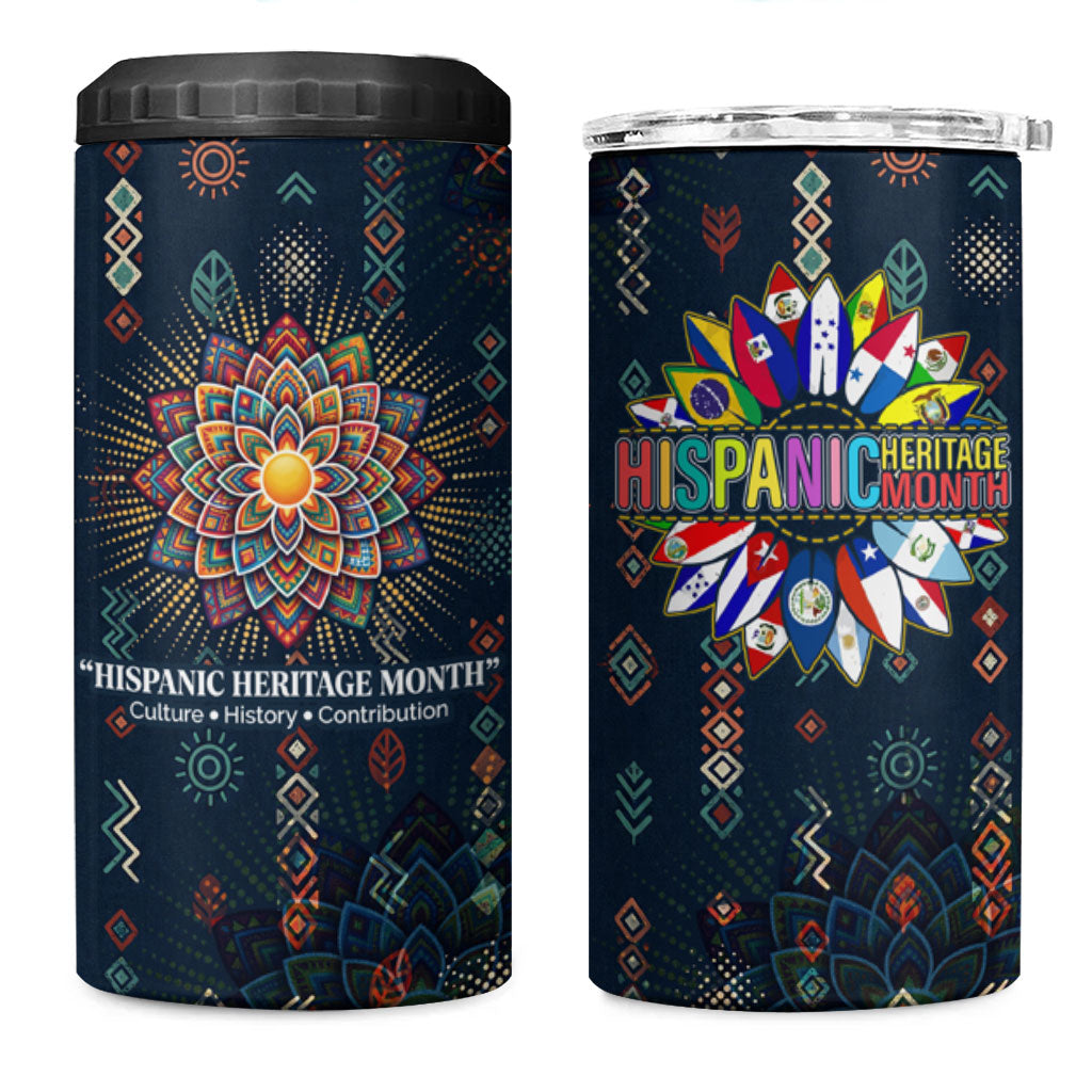 Hispanic Heritage Month 4 in 1 Can Cooler Tumbler Colorful Aztec Mandala - Latin American Flags Culture History