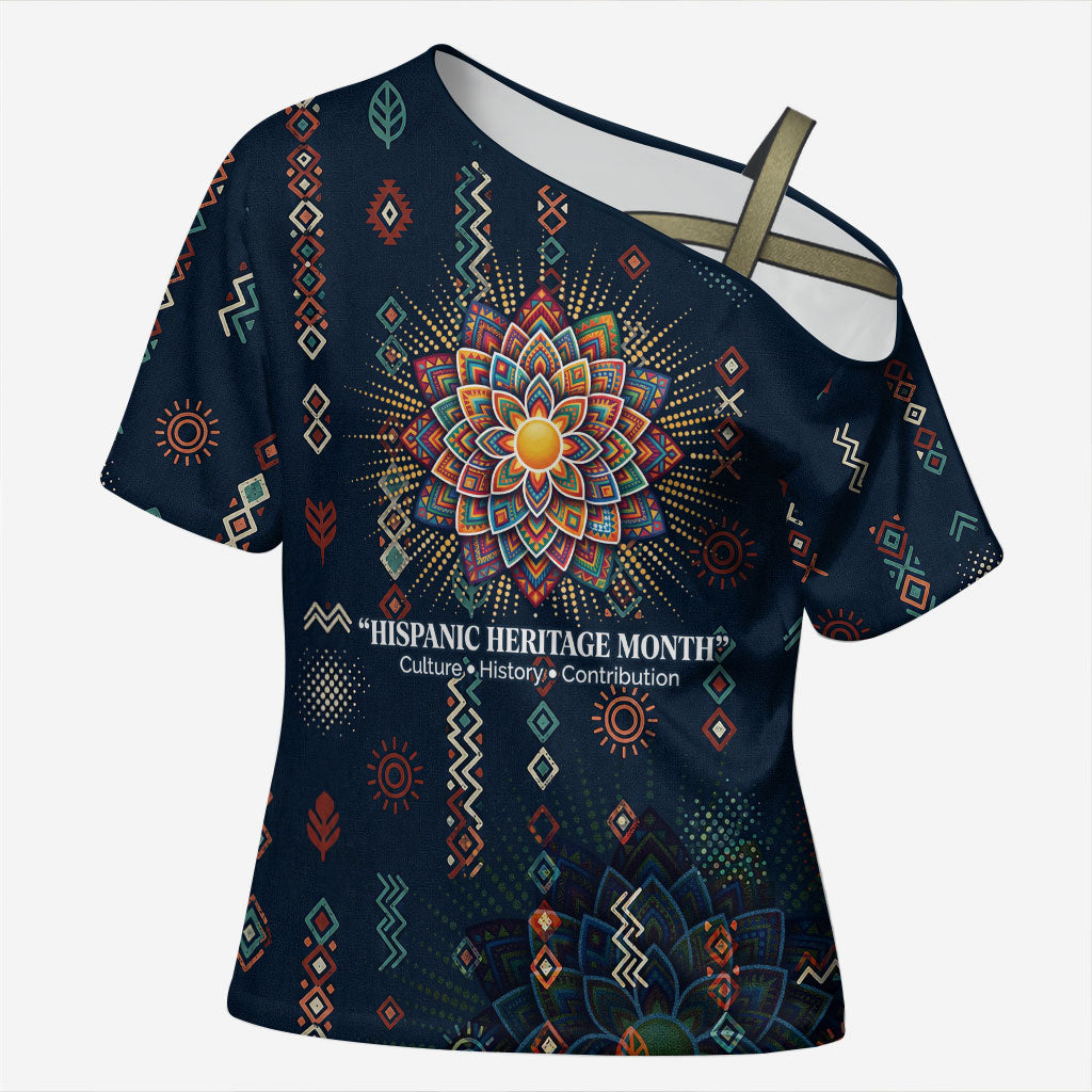 Hispanic Heritage Month Cross Shoulder Shirt Colorful Aztec Mandala - Latin American Flags Culture History