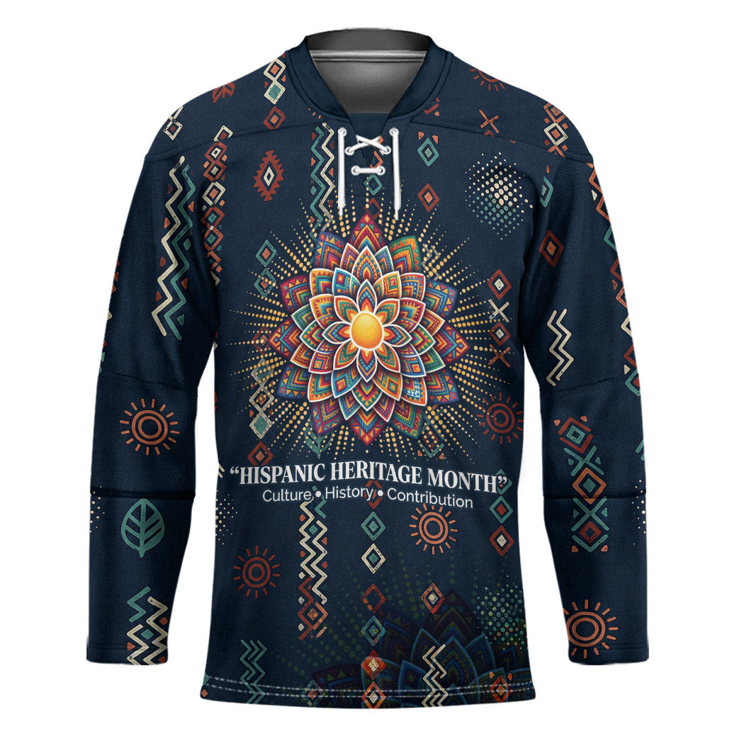 Hispanic Heritage Month Hockey Jersey Colorful Aztec Mandala - Latin American Flags Culture History