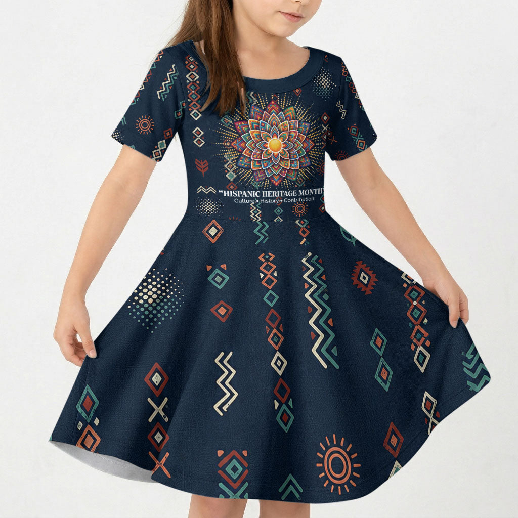 Hispanic Heritage Month Kid Short Sleeve Dress Colorful Aztec Mandala - Latin American Flags Culture History