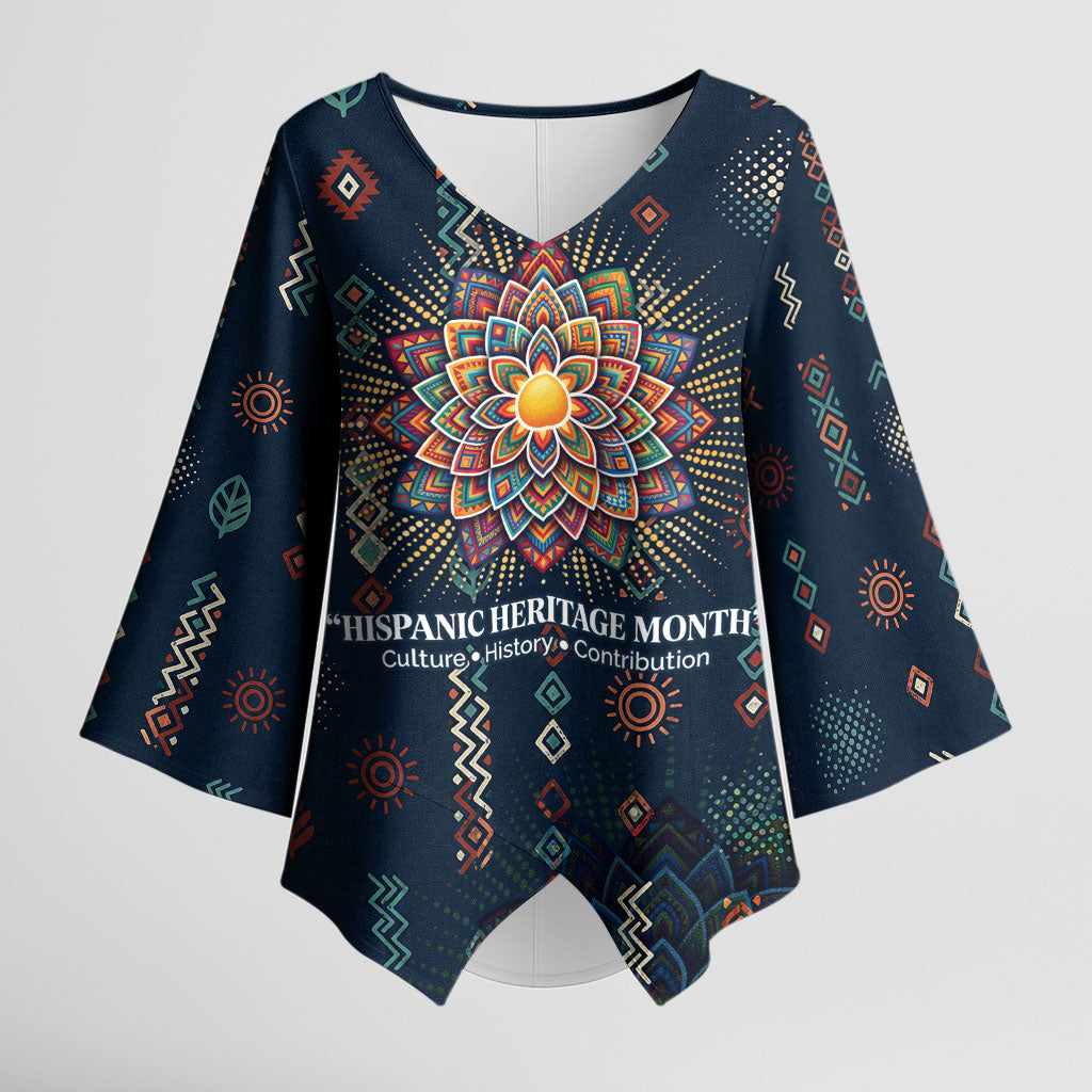 Hispanic Heritage Month Kimono Sleeve Blouse Colorful Aztec Mandala - Latin American Flags Culture History