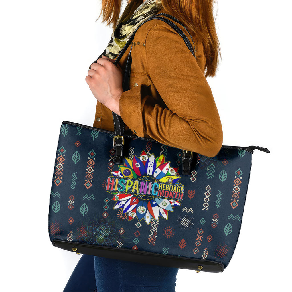 Hispanic Heritage Month Leather Tote Bag Colorful Aztec Mandala - Latin American Flags Culture History