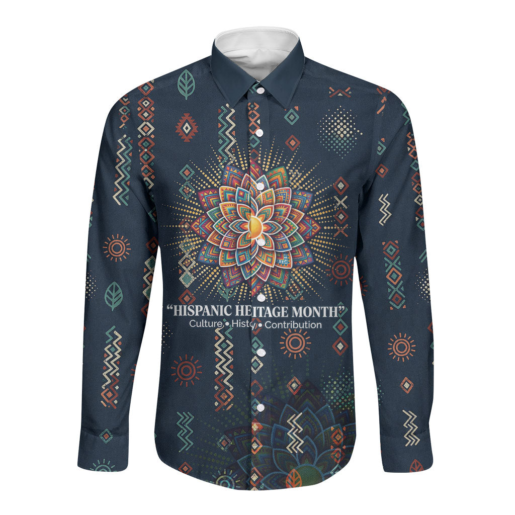 Hispanic Heritage Month Long Sleeve Button Shirt Colorful Aztec Mandala - Latin American Flags Culture History