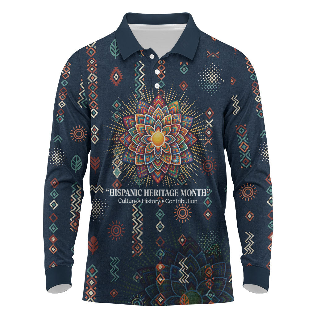 Hispanic Heritage Month Long Sleeve Polo Shirt Colorful Aztec Mandala - Latin American Flags Culture History