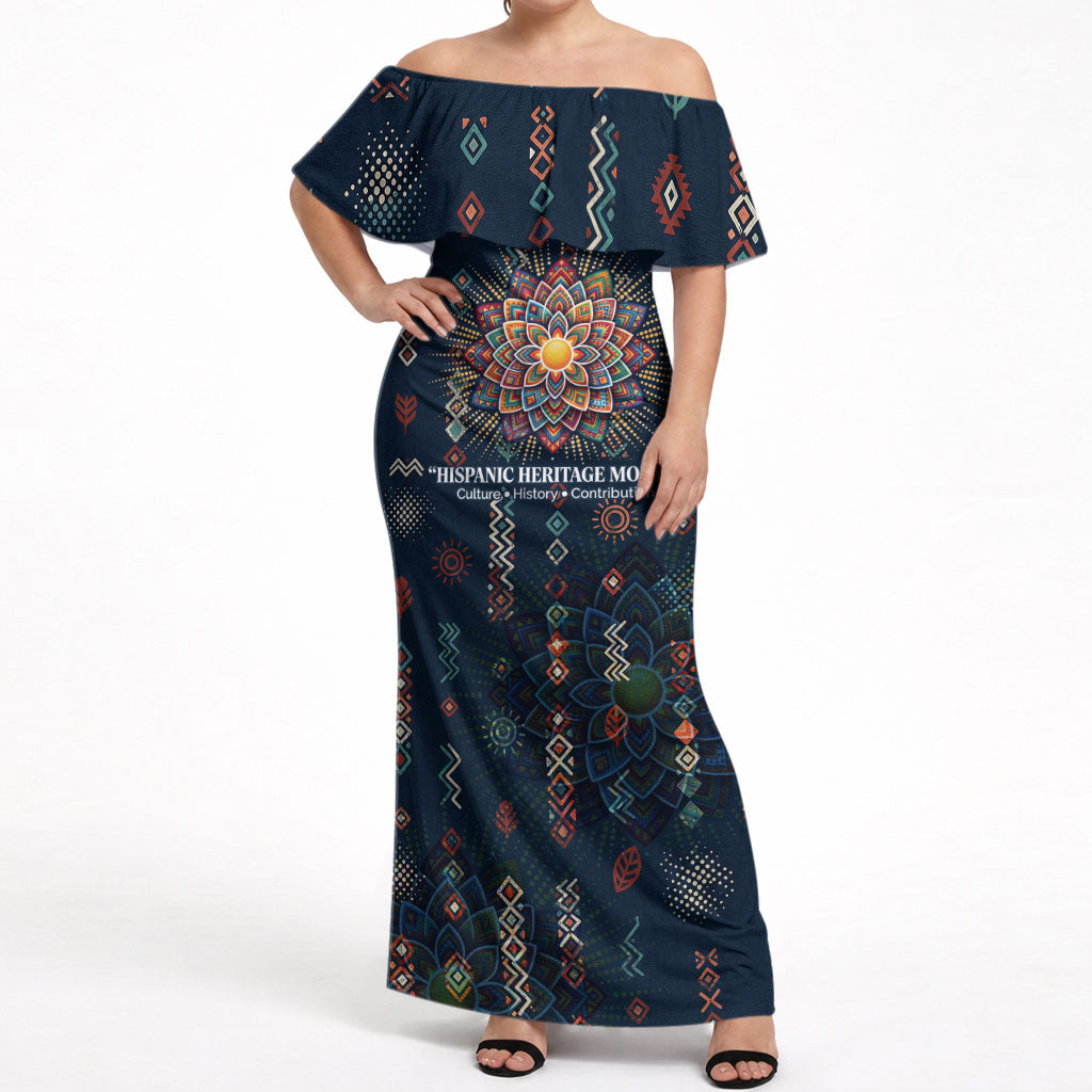 Hispanic Heritage Month Off Shoulder Maxi Dress Colorful Aztec Mandala - Latin American Flags Culture History