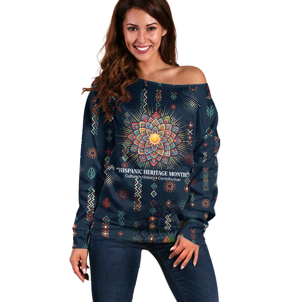 Hispanic Heritage Month Off Shoulder Sweater Colorful Aztec Mandala - Latin American Flags Culture History