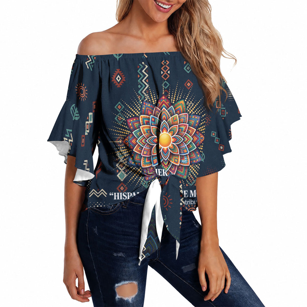 Hispanic Heritage Month Off Shoulder Wrap Waist Top Colorful Aztec Mandala - Latin American Flags Culture History