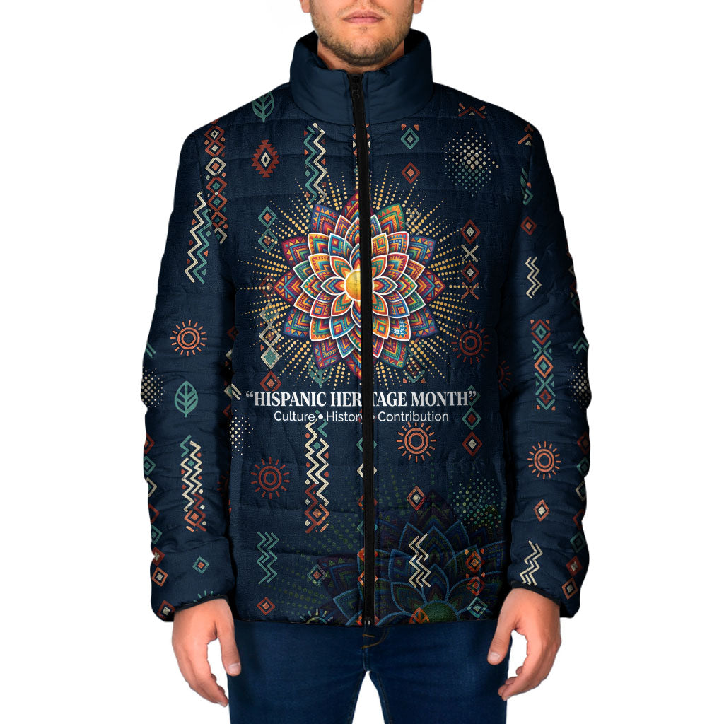 Hispanic Heritage Month Padded Jacket Colorful Aztec Mandala - Latin American Flags Culture History
