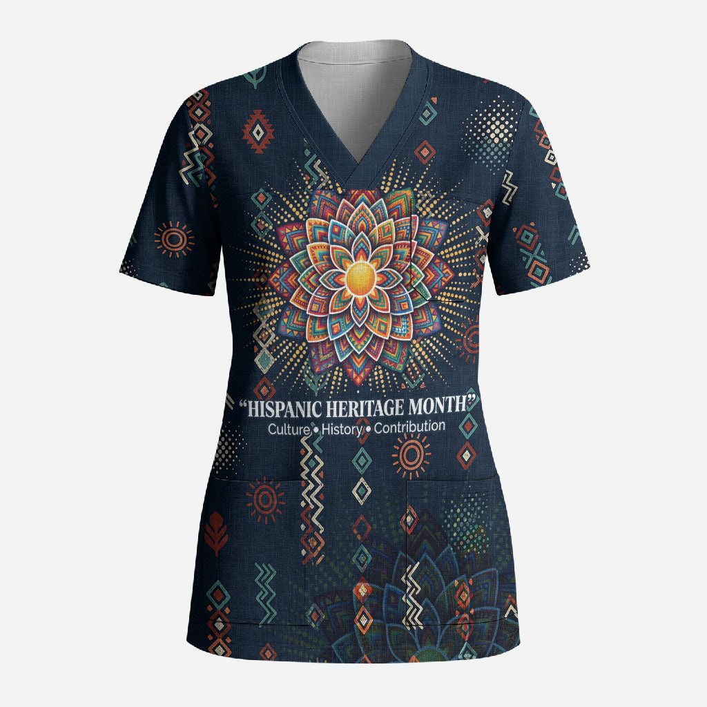 Hispanic Heritage Month Scrub Top Colorful Aztec Mandala - Latin American Flags Culture History