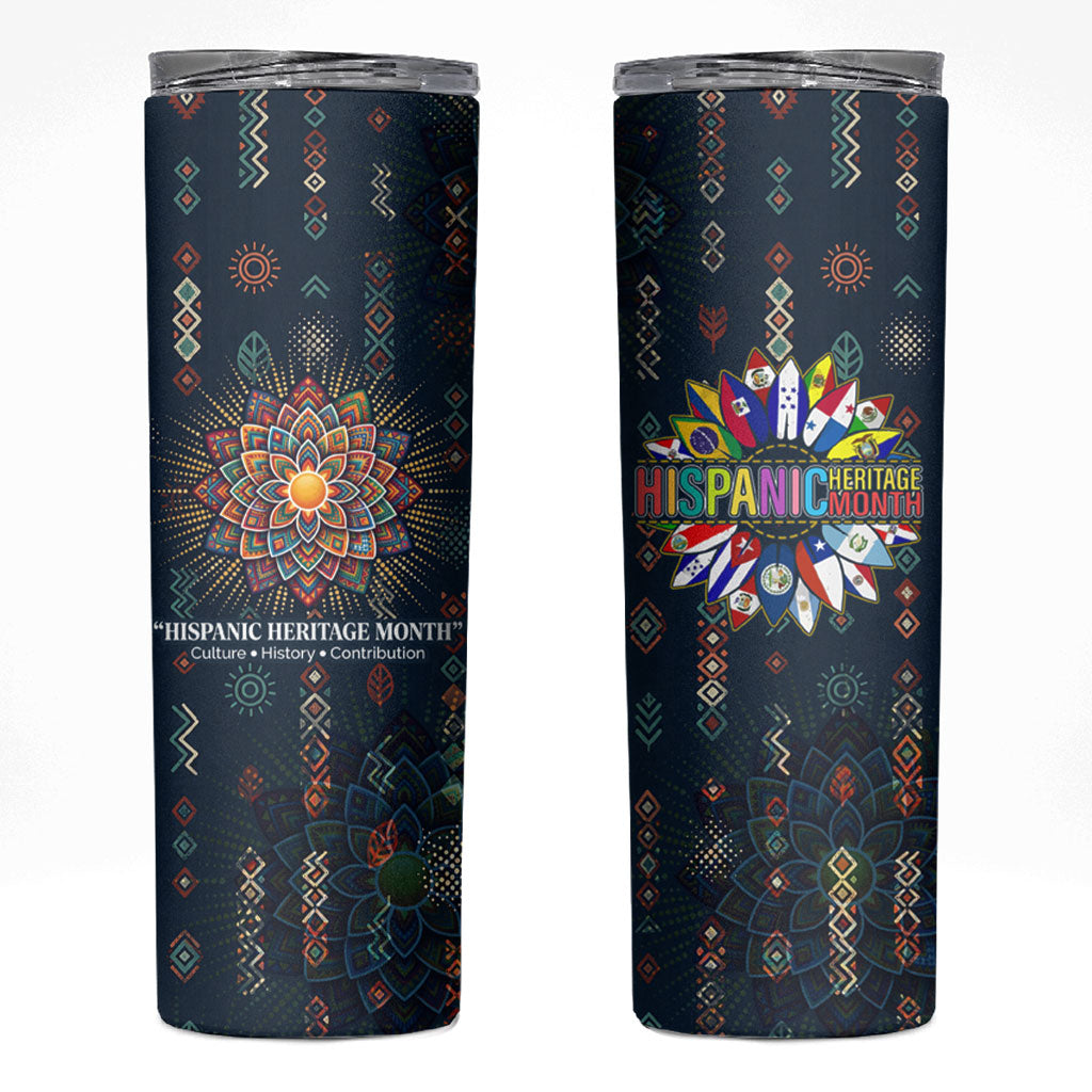 Hispanic Heritage Month Skinny Tumbler Colorful Aztec Mandala - Latin American Flags Culture History