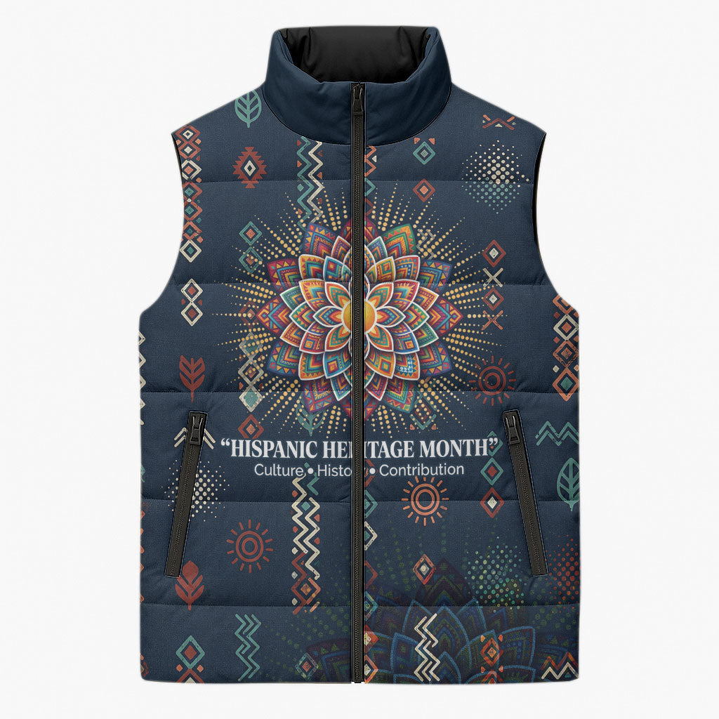 Hispanic Heritage Month Sleeveless Puffer Jacket Colorful Aztec Mandala - Latin American Flags Culture History
