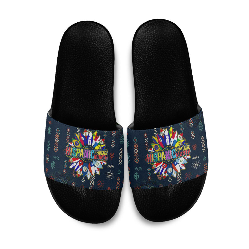 Hispanic Heritage Month Slide Sandals Colorful Aztec Mandala - Latin American Flags Culture History